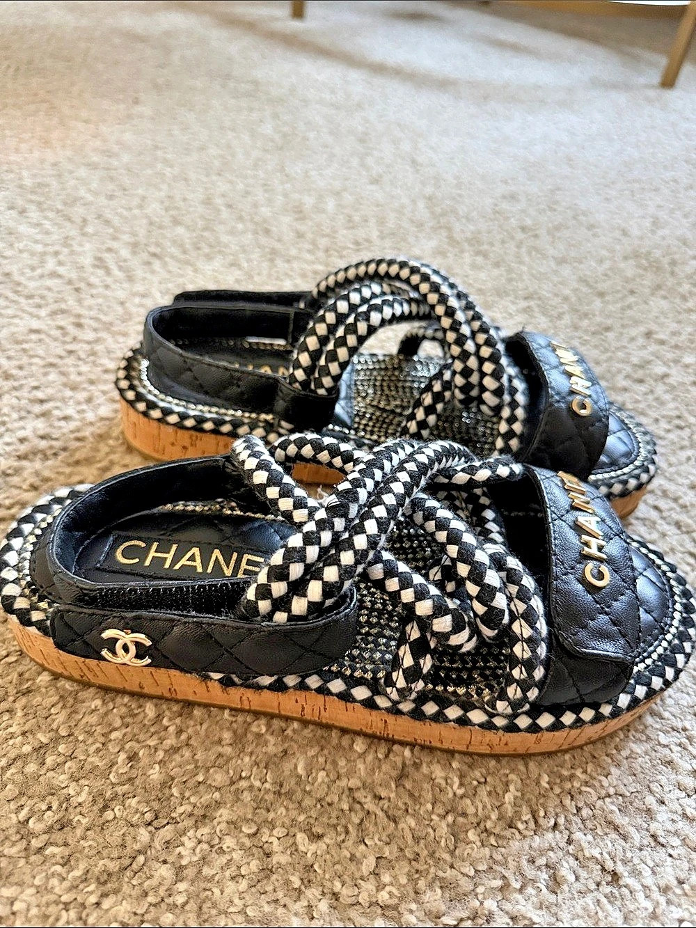 Chanel Cord Lambskin Quilted Logo Sandals Black & White - Picture 2 of 4